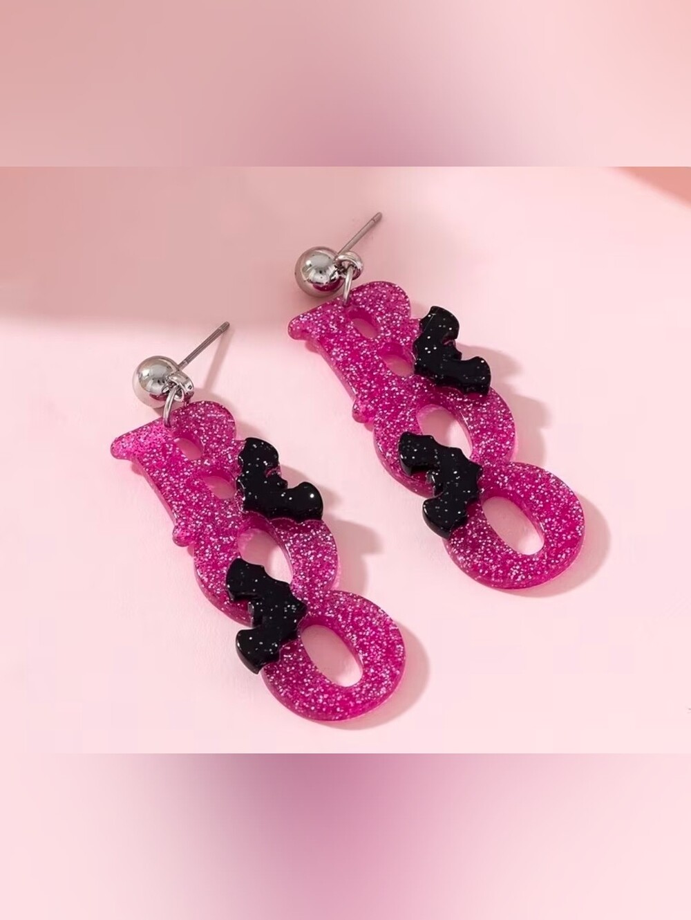 $8 Each Or Bundle 5/$20 Pink Glitter 'Boo' Drop Earrings with Black Bat Accents